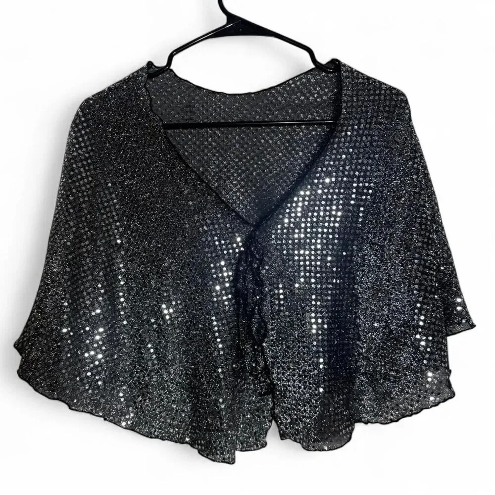 Y2K Black Silver Sequin Cape with tie detail Versatile Party Festival Accessory - Picture 8 of 8